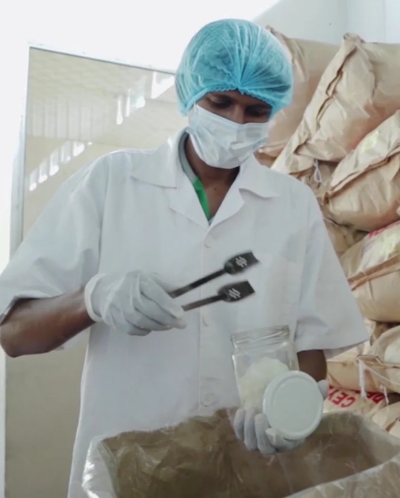 A quality assurance team member taking a coconut product sample